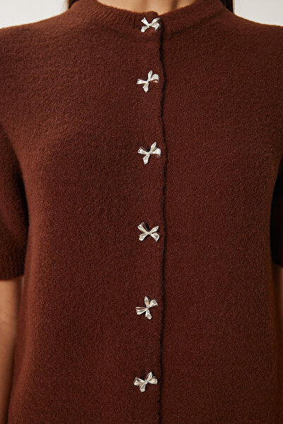 Happiness İstanbul Γυναικεία καφέ κομψή πλεκτή ζακέτα με φιόγκο με γένια DP00219