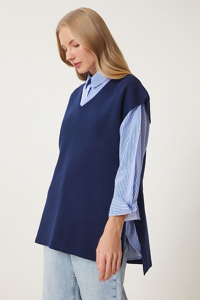 Happiness İstanbul Marineblauer Damen-Pullover mit V-Ausschnitt und Gürtel, lang, US00185