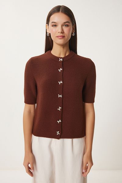 Happiness İstanbul Dámský hnědý stylový úplet na knoflík s vousy Cardigan Dp00219