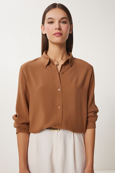 Happiness İstanbul Dámská košile Camel viskóza – pohodlný střih To00153