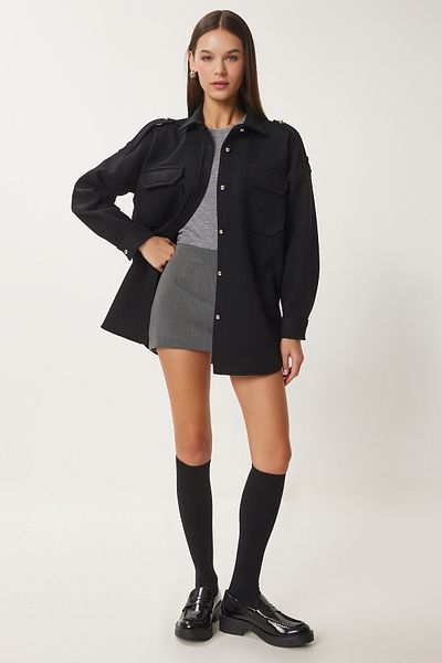 Happiness İstanbul Women's Black Epaulettes Pocket Woven Shirt Jacket Fh00020