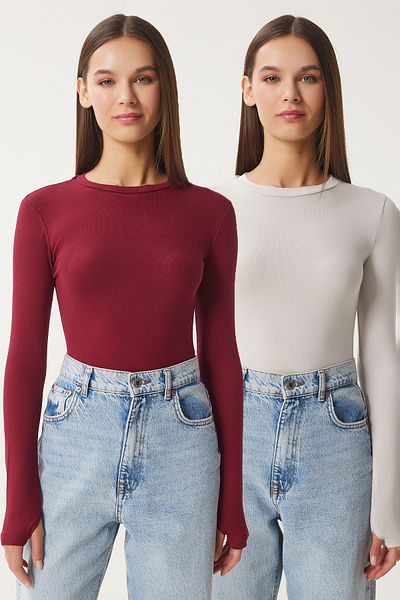 Happiness İstanbul Damen Burgundy Stone 2' Pack Rundhalsausschnitt Basic Strickbluse CR00440