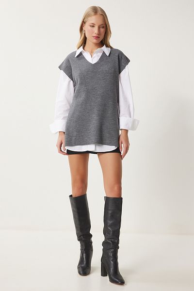 Happiness İstanbul Anthrazitfarbener Damen-Pullover mit V-Ausschnitt und Gürtel, lang, US00185
