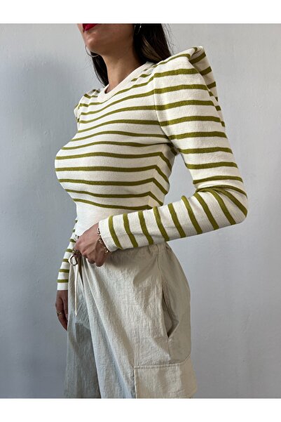 Edit by Trendyol Ecru Wadded Detailed Striped Regular Knitwear Sweater Tedaw25Kz00058