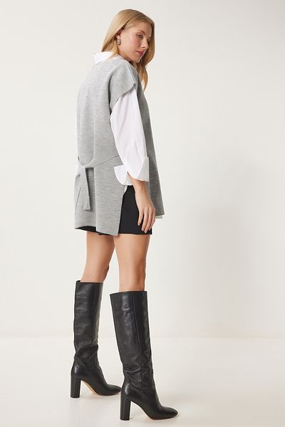 Happiness İstanbul Women's Light Gray V-Neck Belted Long Knitwear Sweater Us00185