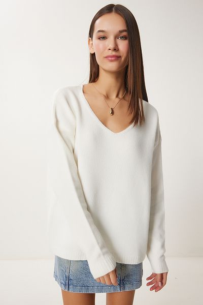 Happiness İstanbul Women's Bone V-Neck Knit Sweater ZA00063