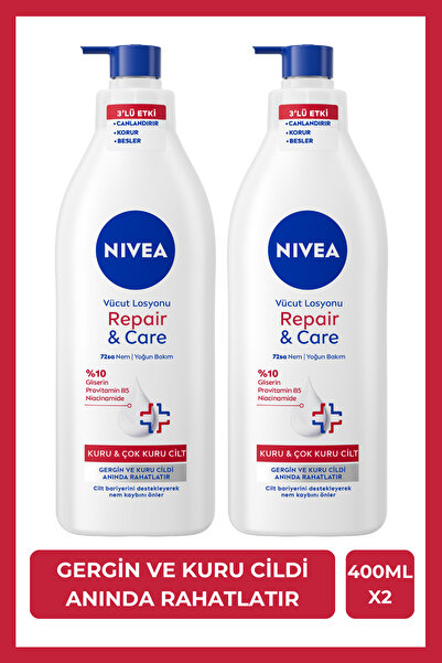 NIVEA Repair&Care Derinlemesine Nemlendirici Vücut Losyonu 400ml, Gergin Cilt Rahatlatır, Kuru Cilt,X2Adet