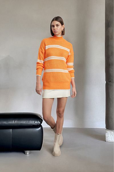 Trendyol Collection Turtleneck Striped Orange Knitwear Sweater - Soft Texture, Wide Fit Twoaw25Kz00236