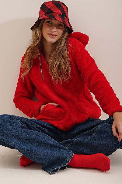 Trend Alaçatı Stili Női piros kapucnis elülső cipzáras dupla zsebes nagyméretű plüss pulóver ALC-X7332