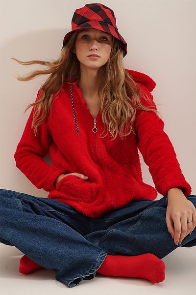 Trend Alaçatı Stili Rotes Damen-Sweatshirt aus Plüsch mit Kapuze, Frontreißverschluss, zwei Taschen, Übergröße, ALC-X7332