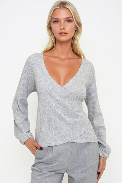 Trend Alaçatı Stili Women's Gray Double Breasted Collar Elastic Sleeve Blouse Alc-X12929