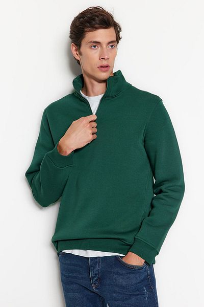 Trendyol Collection Grünes Fleece-Baumwoll-Sweatshirt – Stehkragen, Reißverschluss TMNAW24SW00041