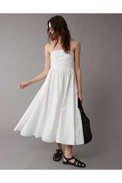 AMERICAN EAGLE Ae Poplin Midi Dress - Strapless Ruched Fit