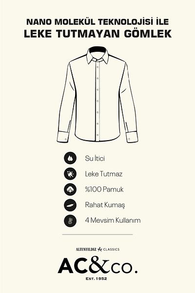 ALTINYILDIZ CLASSICS Men's Light Blue Water and Stain Repellent Nano 100% Cotton Slim Fit Slim Fit Classic Lapel Shirt