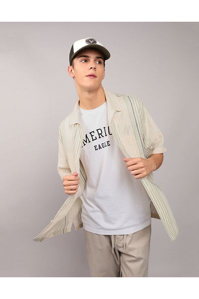 AMERICAN EAGLE AE Linen-Blend Striped Button-Up Poolside Shirt