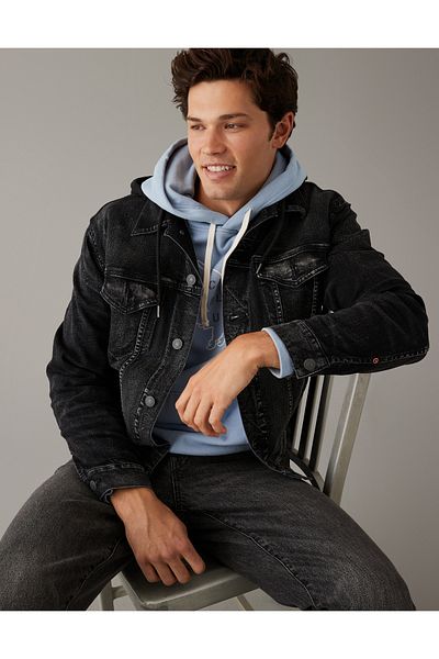 AMERICAN EAGLE سترة AE من قماش الدنيم بغطاء رأس