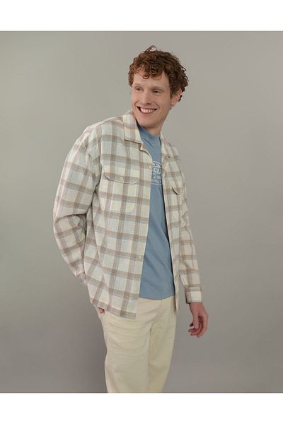 AMERICAN EAGLE Ae Linen-Blend Long-Sleeve Button-Up Shirt