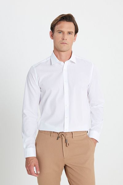 ALTINYILDIZ CLASSICS Мъжка бяла водоотблъскваща вода и петна нано риза от 100% памук Slim Fit Класическа риза с ревери