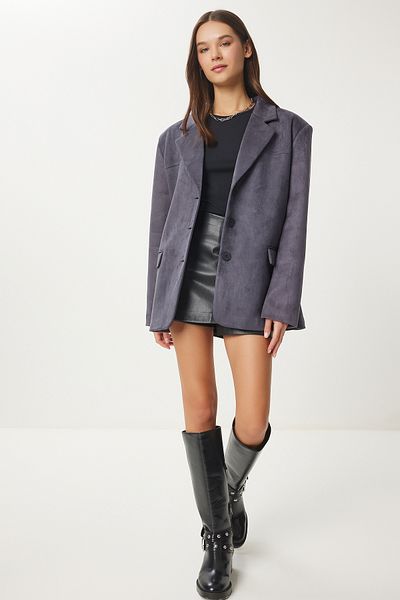 Happiness İstanbul Women's Anthracite Premium Suede Blazer Jacket Fn03443