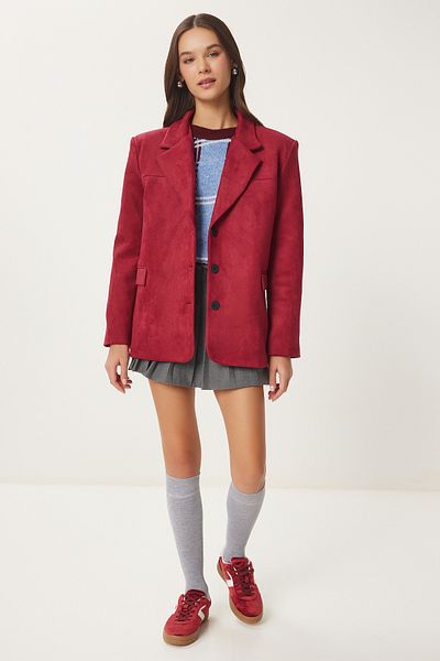 Happiness İstanbul Burgunderrote Premium-Wildleder-Blazerjacke für Damen FN03443