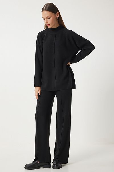 Happiness İstanbul Stilvolles schwarzes Strick-Sweatshirt-Hosen-Set für Damen MU00012