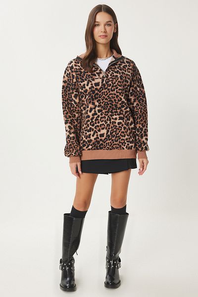 Happiness İstanbul Schwarzes Damen-Sweatshirt mit Leopardenmuster – Stehkragen DP00226