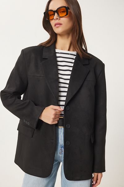 Happiness İstanbul Women's Black Premium Suede Blazer Jacket Fn03443