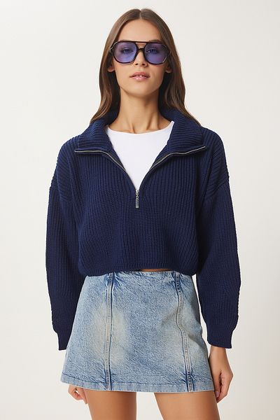 Happiness İstanbul Women's Navy Blue Zip Turtleneck Knitwear Sweater Mx00124
