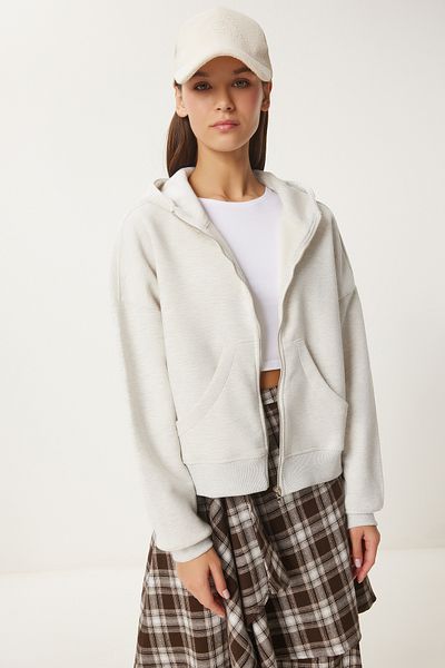 Happiness İstanbul Women's Gray Melange Hooded Zippered Sweatshirt - Cv00045