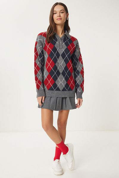Happiness İstanbul Women's Gray Red Diamond Patterned Knitwear Sweater Fn03447