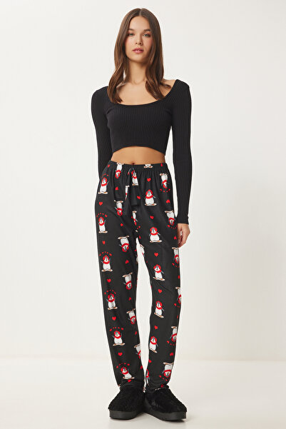 Happiness İstanbul Kadın Siyah Desenli Yumuşak Dokulu Örme Pijama Altı CE00089