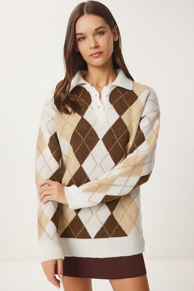 Happiness İstanbul Women's Ecru Brown Diamond Patterned Knitwear Sweater Fn03447