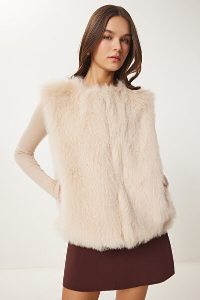 Happiness İstanbul Kadın Krem Suni Kürk Yelek YL00004