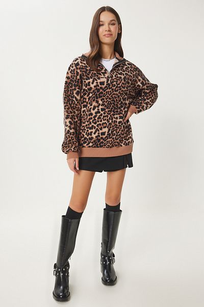 Happiness İstanbul Schwarzes Damen-Sweatshirt mit Leopardenmuster – Stehkragen DP00226