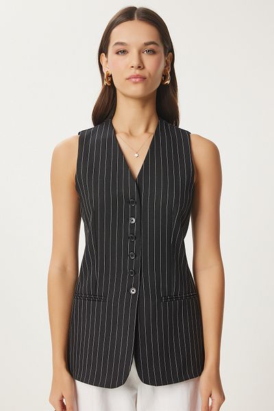 Happiness İstanbul Women's Black Fleto Pocket Detailed Striped Woven Vest To00156