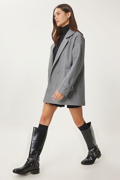 Happiness İstanbul Women's Gray Double Breasted Lapel Cashmere Coat Dd01342
