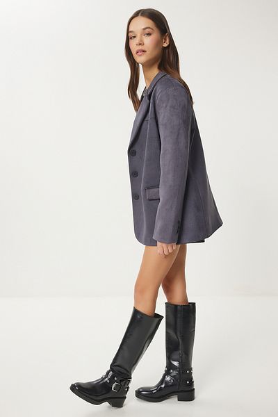 Happiness İstanbul Women's Anthracite Premium Suede Blazer Jacket Fn03443