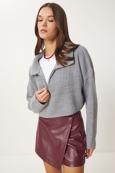 Happiness İstanbul Women's Gray Zip Turtleneck Knitwear Sweater Mx00124
