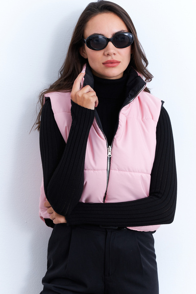 Cool & Sexy Kadın Pembe-Siyah Çift Taraflı Şişme Kısa Yelek MX12