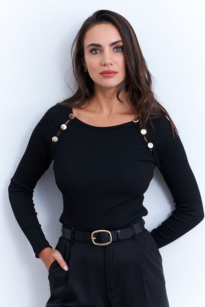 Cool & Sexy Damska czarna bluzka z guzikami i akcesorium Ey2945
