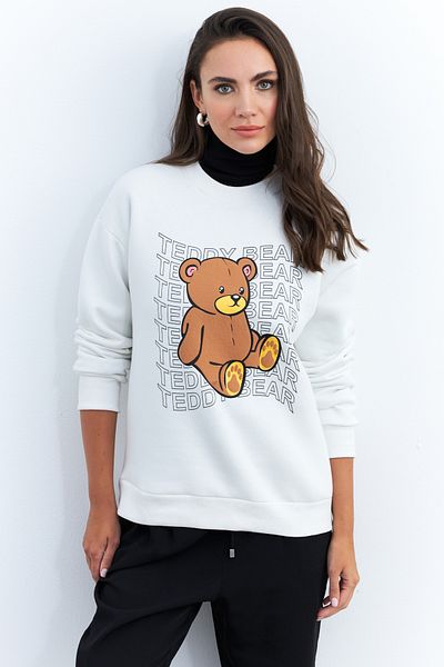 Cool & Sexy Women's Ecru Teddy Bear Printed Sweatshirt ZM288