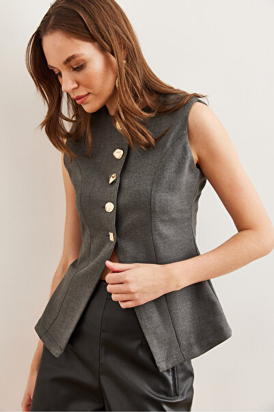 Olalook Γυναικείο υφαντό γιλέκο με καπνιστό κουμπί με λεπτομέρεια YLK- 19000044