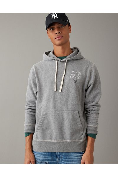 AMERICAN EAGLE Ae Super Soft Graphic Hooded Hoodie - Grey Heather U-0193-2126