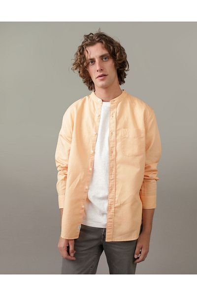 AMERICAN EAGLE Ae Band Collar Linen Button-Up Shirt U 11522369
