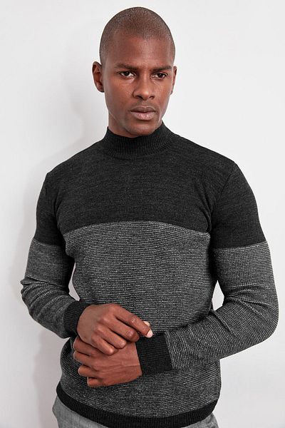 Trendyol Collection Crew Neck Striped Slim Fit Knitwear Sweater - Anthracite Tmnaw20Ls0014
