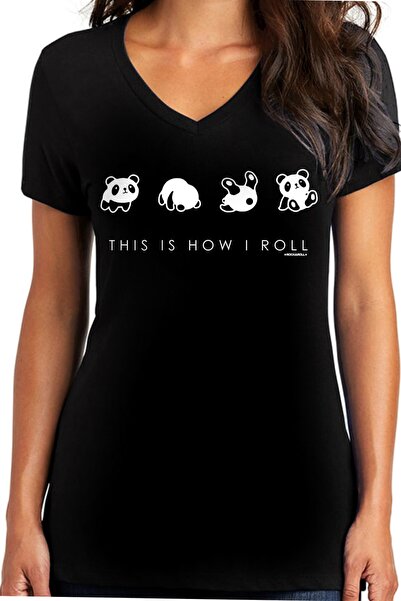 ROCKANDROLL Kadın Siyah Panda Taklası V Yaka Kısa Kollu T-Shirt