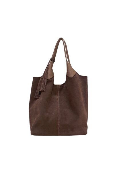 Ysmn حقيبة كتف نسائية من الجلد الطبيعي من جلد الغزال بمقبضين وتفاصيل شرابة باللون البني Yc011969DSU