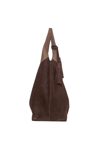 Ysmn حقيبة كتف نسائية من الجلد الطبيعي من جلد الغزال بمقبضين وتفاصيل شرابة باللون البني Yc011969DSU