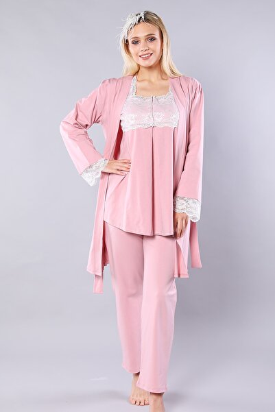 Emose Kadın Pudra Lohusa Sabahlıklı Pijama Takım