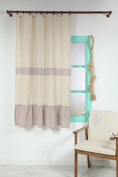 cotton maison Vintage Curtain with Brown Cornice 150x185 cm